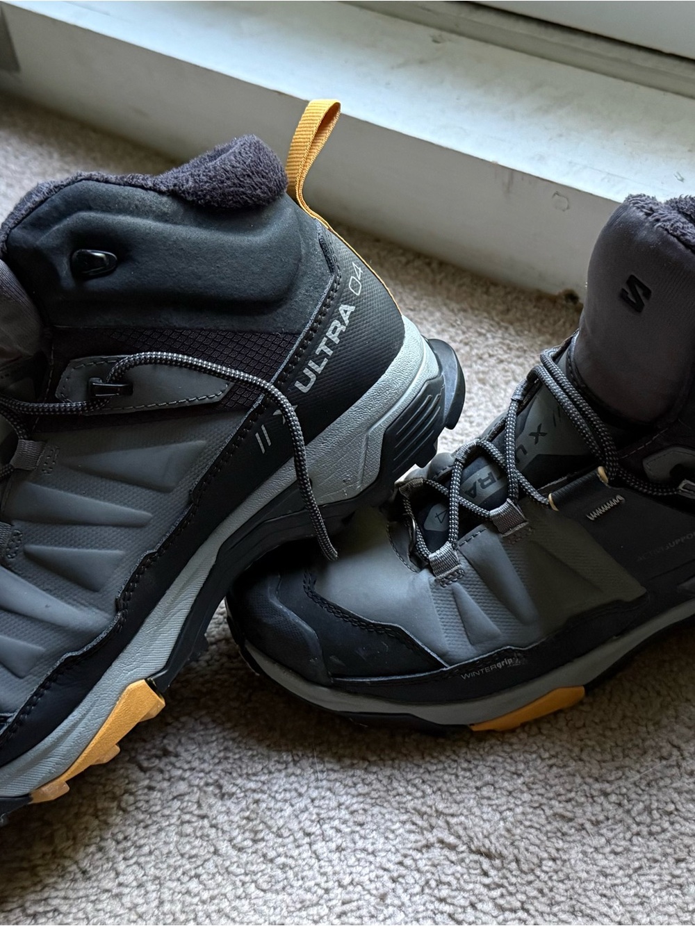 Salomon Men's Gray and Black Ultra Mid Hiking Boots with Yellow Accents